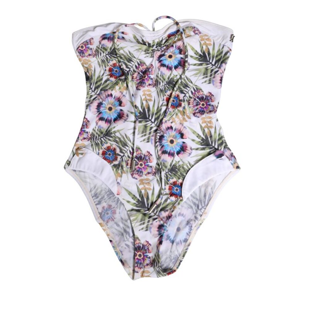 John Galliano White Floral Print Strapless One-Piece Swimsuit Women's Swimwear